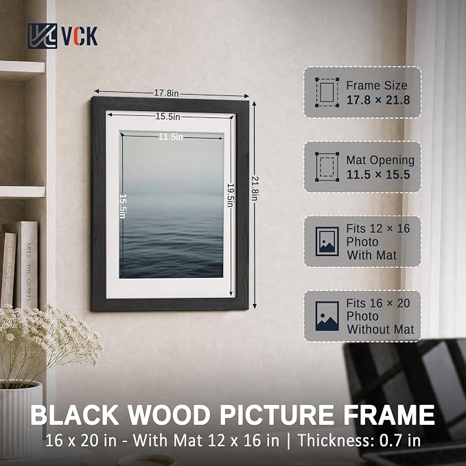 VCK 16x20 Picture Frames Black - 6 Pack, Wide Border Solid Wood, Tempered Glass, Display 12x16 Photo with Mat or 16 x 20 without, for Home, Office, Gallery, Woodgrain Series, Wall Hanging