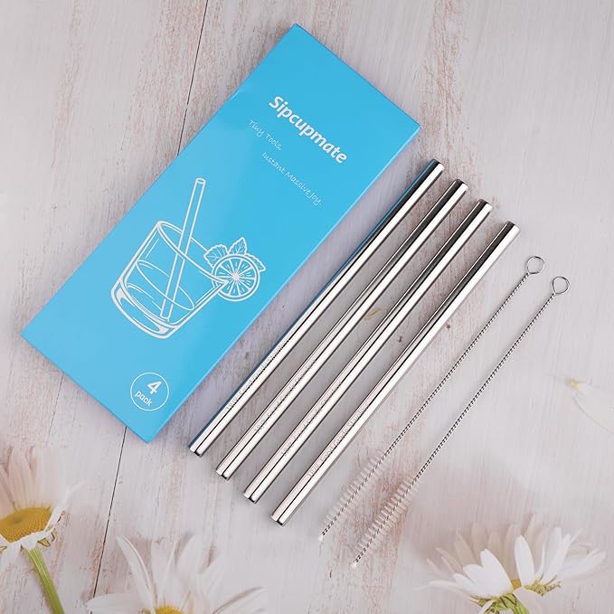 Metal Straw Replacement Set Compatible with Owala FreeSip Sway 40oz Bottles, 9.25" Durable Stainless Steel Replacement Straws with 2 Cleaning Brushes-4 Pack