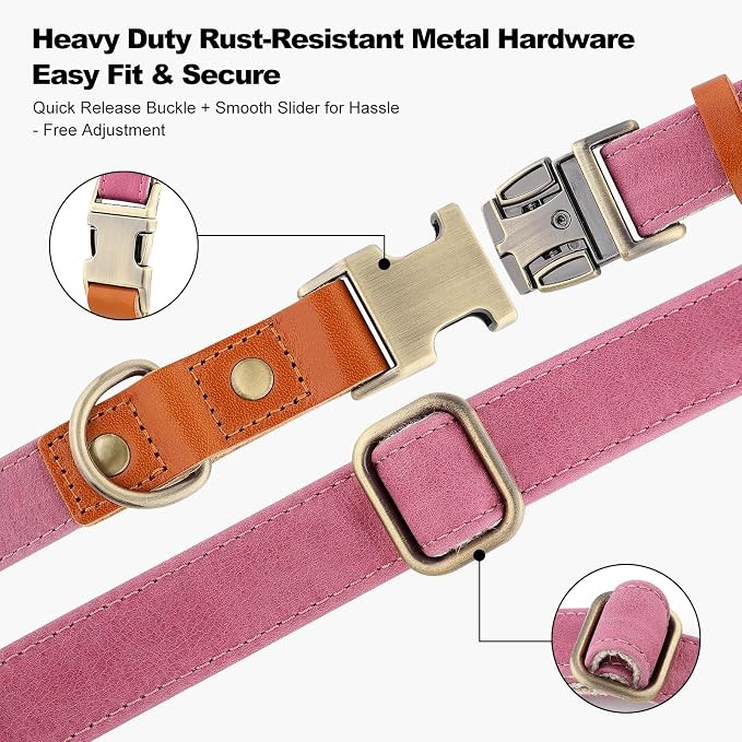 Plutus Pet Genuine Leather & Hemp Dog Collar – Adjustable Heavy Duty Pet Collar with Quick Release Metal Buckle, Soft & Stylish for Puppy and Small, Medium, Large Dogs (Pink, XS)