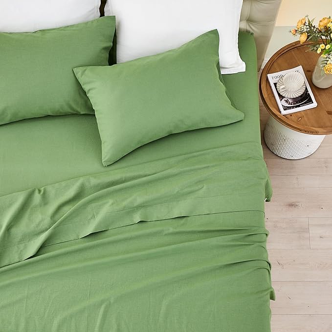 BISELINA Linen Sheet French Flax Flat Sheet Only 55% Euro Linen 45% Cotton Basic Style Solid Color Soft Breathable Farmhouse Top Sheet 1-Piece (Full, Khaki Green)