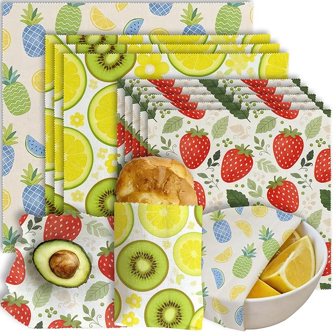 Reusable Beeswax Wraps, 9 Pack Sandwich, Bowl, Bread, Eco-Friendly, Organic, Sustainable, Zero Waste, Plastic-Free, 1XL, 3M, 5S, Fruit Pattern (Strawberry, Lemon, Kiwi, Pineapple)
