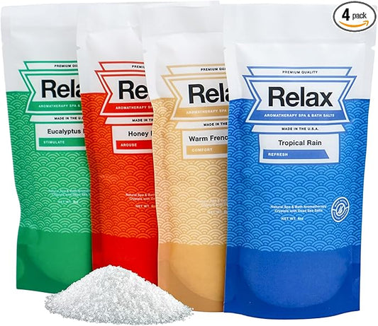 Relax Spa & Bath Aromatherapy Bath Salts Variety Pack for Hot Tub, Bath, or Spa, Infused with Magnesium, Bath Salt for Soaking, Four 4oz Sample Bags
