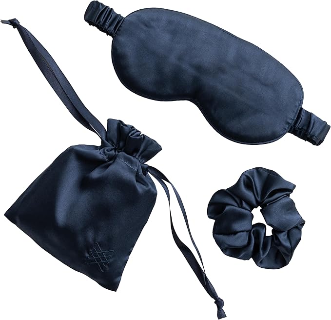 Zestt Organics Silk Sleep Mask Set, 100% Mulberry Silk Eye Mask for Women with Hair Scrunchie & Matching Carry Bag (Navy)