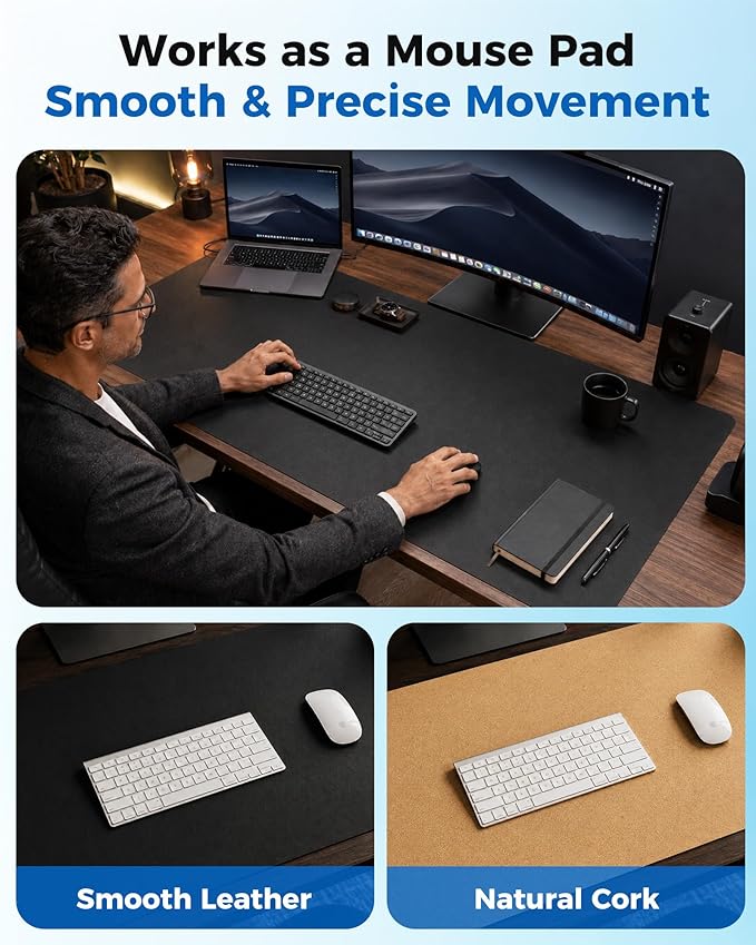 Aothia Cork Desk Mat - Dual-Sided XL PU Leather Desk Pad & Full Desk Protector, Large Waterproof Desktop Mat for Office & Gaming (47" x 23.6", Black)