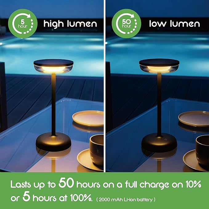 Cocktail Style Solar Table Lamp - Cordless LED Light with USB-C Charging, Dimmable Warm 2700K Glow, Weather Resistant for Indoor/Outdoor Use - Black, 1 Pack