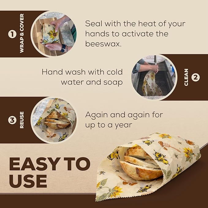 2 Pack - XL 19" x 19" - 5 Sq Ft - Beeswax Bread Wraps, Total 5 Sq Ft Coverage, Eco-Friendly Alternative to Plastic Wrap for Bread Storage, Bowls & Food Storage (Plum)