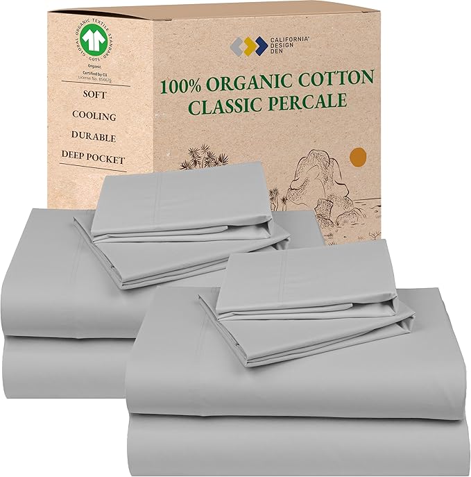 California Design Den Pack of 2 100% Organic Cotton Sheets Queen Size Set - Crisp and Breathable Percale, Deep Pocket Sheet Sets Queen Size, Lightweight Bedding Set - Light Grey