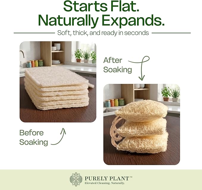 Purely Plant Loofah Dish Sponge 6 Pack–Non Toxic, 100% Plastic Free, Compostable & Biodegradable Premium Kitchen Scrubber, Plant Based, Non-Scratch Scouring Pad for Sink, Tile & Grout Cleaning Luffa