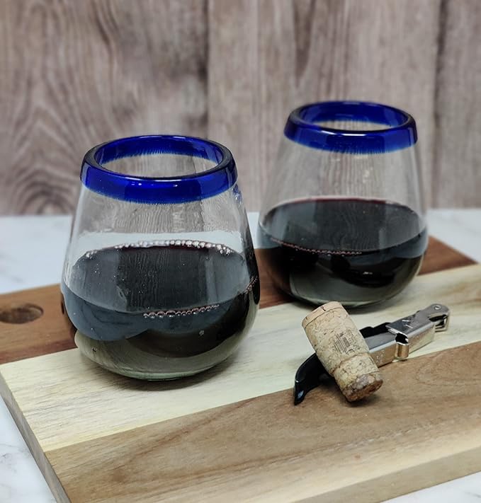 Dos Sueños Hand Blown Mexican Stemless Wine Glasses - Set of 6 Glasses with Cobalt Blue Rims (15 oz)