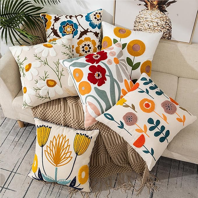 Embroidered Throw Pillow Cover 18x18 Inch,Cotton Canvas Floral Pillow Case, Daisy Wildflower Leaf Boho Farmhouse Decorative Cushion Square for Sofa Bedroom Living Room Outdoor Couch Farmhouse (A003)