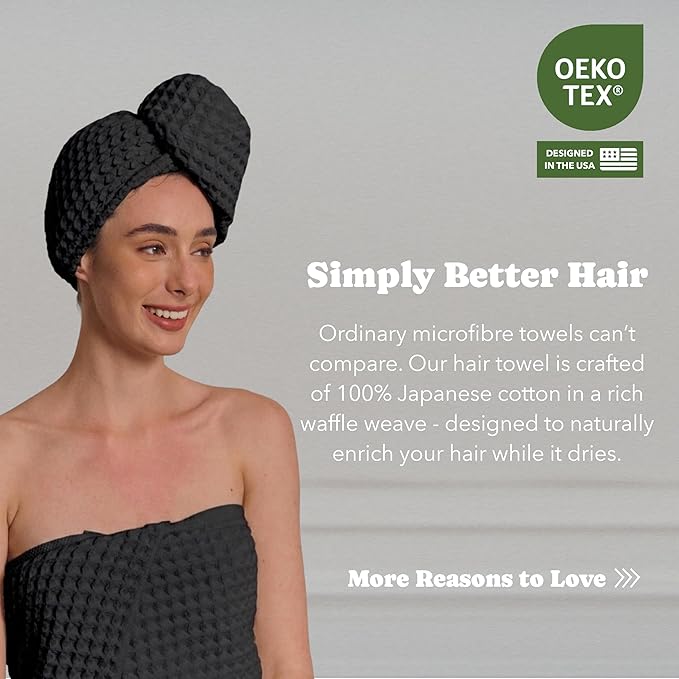 Luxury Organic Japanese Cotton Hair Drying Waffle Towel Wrap for Women | Absorbent, Quick-Dry Head Turban for Shower, Sauna, Spa | Extra Large for Long, Curly, Straight Hair With Button (Black, 1 Pc)