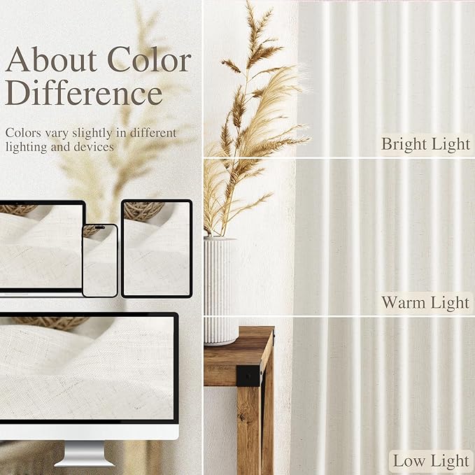 Nanspring Cream Linen Curtains 102 inches Long for Living Room Back Tab Privacy Semi Sheer Curtains Modern Farmhouse Floor to Ceiling Long Curtain 2 Panel Set 38x102 for Bedroom Dinning Room