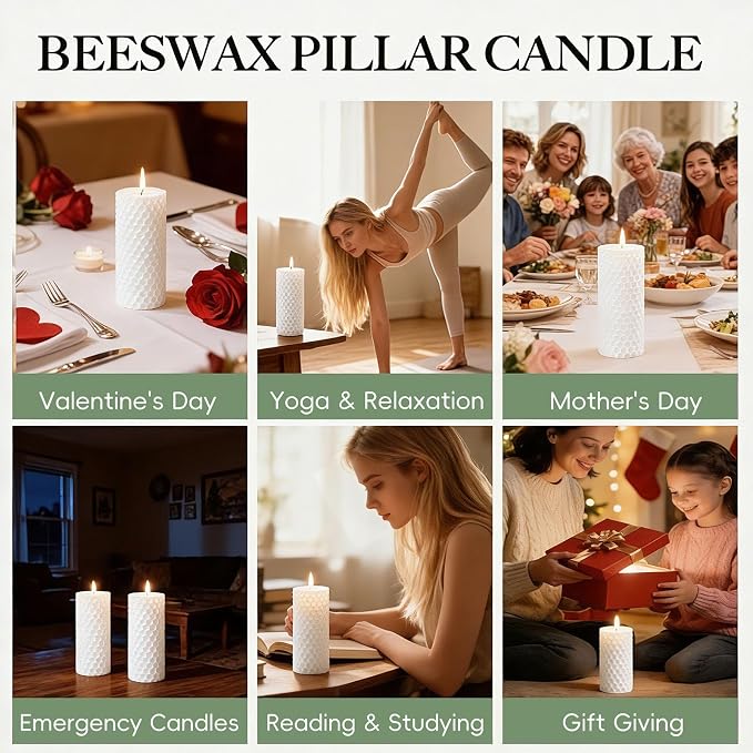 4 Pack Beeswax Pillar Candles, Pure Natural White Beeswax Pillar Candles-80 Hours Long Burning,Organic Unscented Bees Wax Candles for Home,Paryer, Dripless & Smokeless, 2x5in