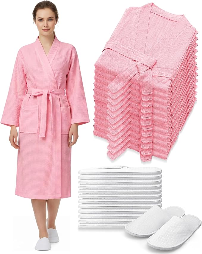 Jecery Waffle Bathrobe and Slippers Bulk Set Spa Robes Hotel Bath Lightweight Thin Commercial Soft for House Shower Party