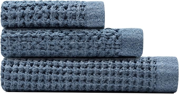 ONSEN Supima® Waffle Bath Towel Set, Quick Dry Lint Free 100% USA Cotton, Bath Hand and Face Towel Bundle, 3 Piece (Denim Blue, Bath Towel Set)
