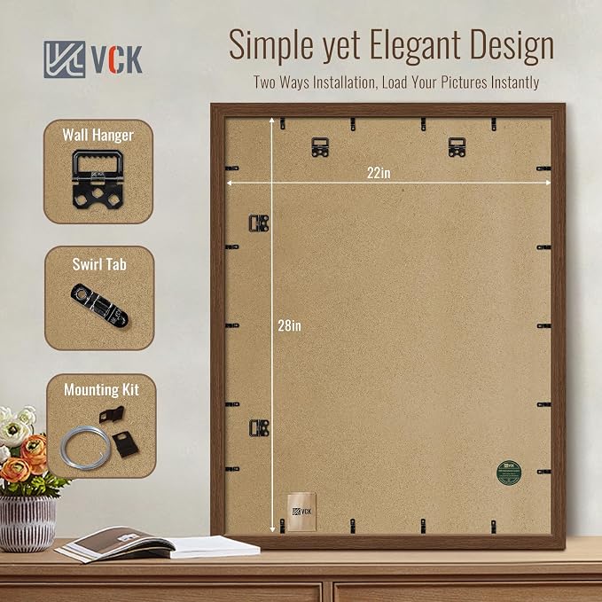 VCK 22x28 Poster Frame Set of 4 - Brown, Gallery-Quality Wood Picture Frames, 1.1-Inch Wide Border, Polished Plexiglass, Vertical or Horizontal Wall Display for Photo/Art/Prints, Brown