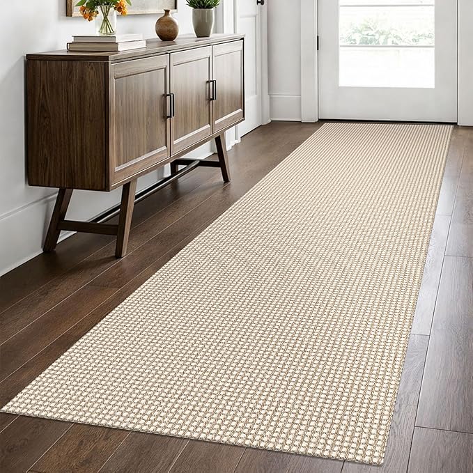 EARTHALL Woven Runner Rug 2.6x8 Ft Washable Runners for Hallways Wide Non Slip Rubber Backed Kitchen Runner Braided Indoor Floor Carpet for Entryway Hallway Kitchen Bedroom, Beige/Ivory
