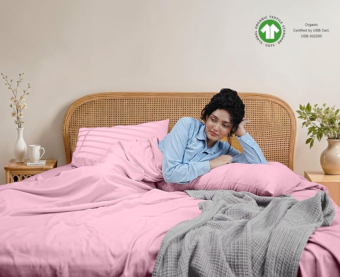 RUVANTI Flannel Sheets Full Size - GOTS Certified 100% Organic Cotton, 4 Piece Warm, Soft & Breathable Set, Deep Pocket Snug Fit, Double Brushed Cozy All Season Bedding, Soft Pink