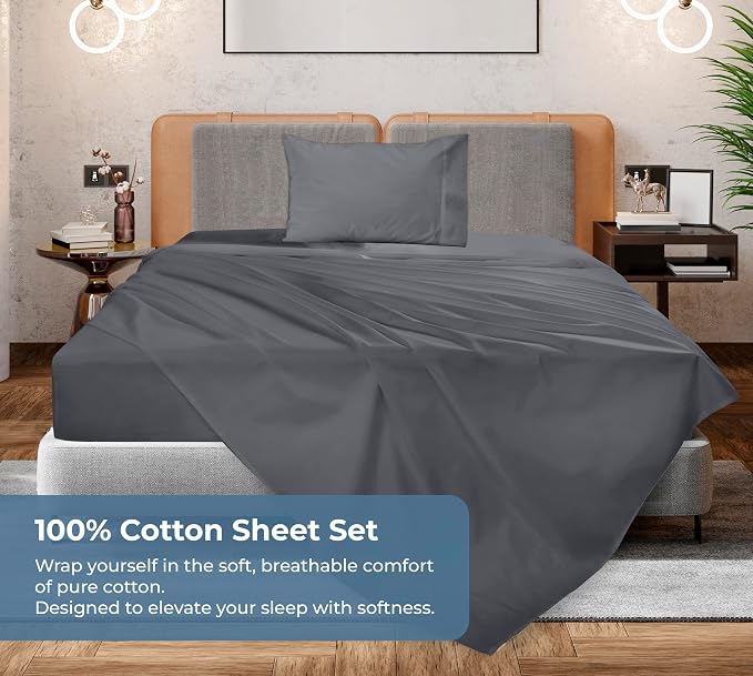 ROYALE LINENS 100% Organic Cotton Twin XL Sheet Set - Percale Weave - 3 Pieces Set - 1 Flat, 1 Deep Pocket Fitted Sheet and 1 Pillowcases - Grey Bed Sheets - Sábanas Twin XL - Crisp Cool (Grey)