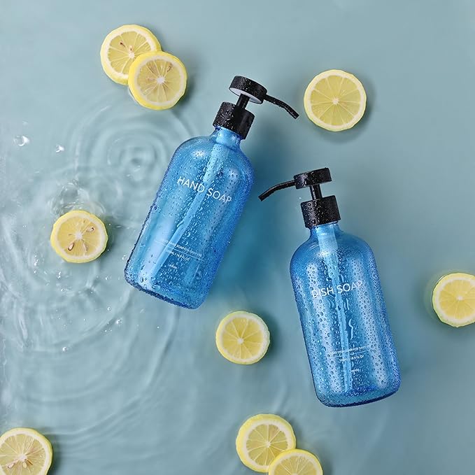 Glass Kitchen Soap Dispenser Set with Ceramic Tray,16.9 floz Hand and Dish Soap Dispenser for Kitchen and Bathroom Decor (Blue Bottles + Black Pumps)