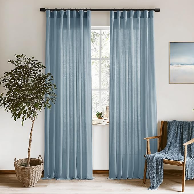 XTMYI Dusty Blue Curtains 84 Inches Long for Living Room,Light Filtering Country Vintage Hooks Pleated Back Tab Semi Sheer Linen Curtains for Bedroom 2 Panels Set,Grey Stone Blue