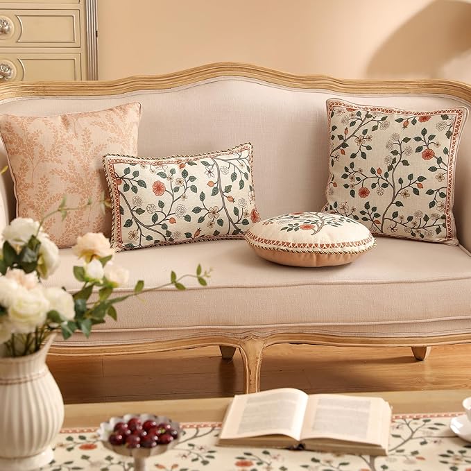 ISAENNE Design Linen Classic Throw Pillow Covers 12"x20" Pack of 2, French Farmhouse Rectangle Cushion Covers with Orange White Floral Pattern Decor Pillowcases for Bed,Living Room,Outdoor,Car