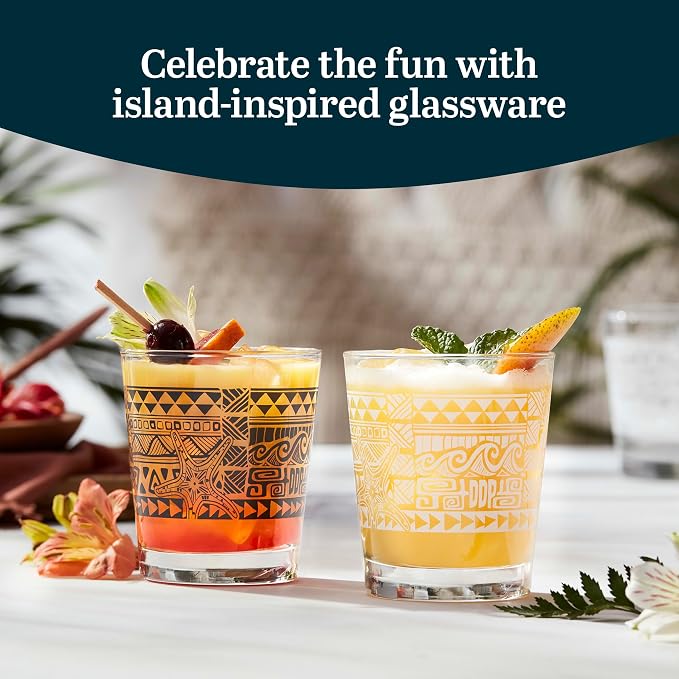 Libbey Tiki Rocks Glass Cups Set, Vintage Drink Ware Set of 4, Exotic, Dishwasher Safe Old Fashioned Glass Set for Backyard Luau or Pool Party