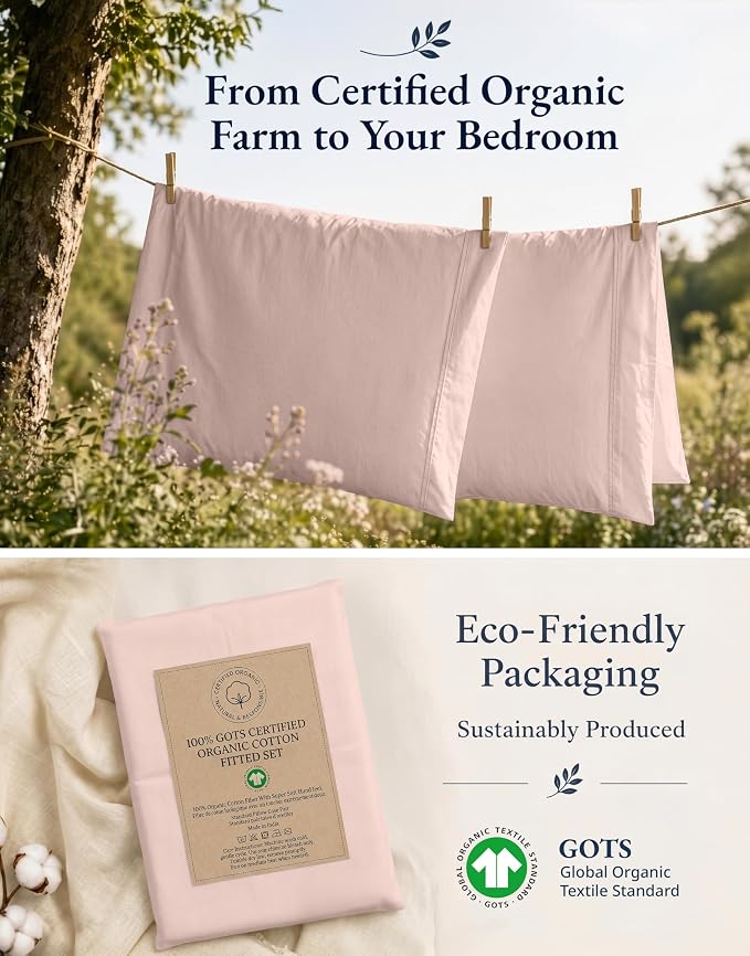 Lane Linen Twin XL Fitted Sheet, 100% Organic Cotton 2-Piece Set (1 Fitted Sheet, 1 Pillowcase), Percale Weave, Bottom Sheet, Soft, Breathable, Fits Mattress Upto 15" Deep - Sepia Rose (No Flat Sheet)
