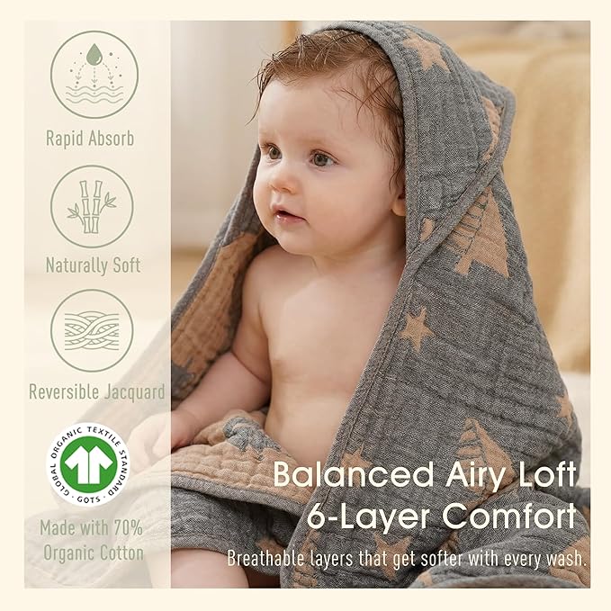 Ultra-Soft Muslin Baby Hooded Towel - 32 x 32 Inches, Ideal for Bath & Beach, Suitable for Both Boys & Girls from Newborns to Toddlers