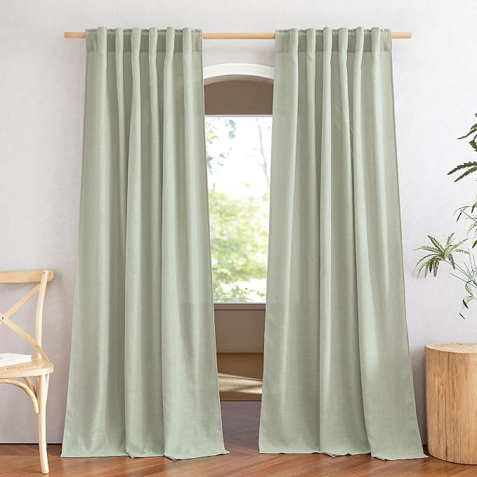 NICETOWN Sage Green Curtains for Living Room, Rod Pocket & Back Tab Natural Linen Blend Semi Sheer Window Treatments Privacy with Light Filtering for Bedroom/Nursery, W52 x L84, 2 Panels
