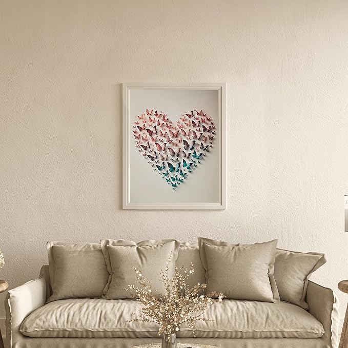 InkFlow Posters Butterfly Heart Poster - 3D Paper Butterflies in Pink, Blue, and Teal - Abstract Love Art for Bedroom, Living Room, Home - 16x20 Unframed Canvas Print