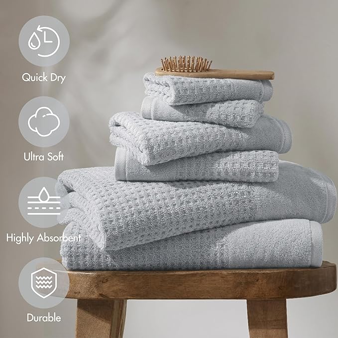 Madison Park Spa Waffle 100% Cotton Luxurious Towel Set, Premium Texture Waffle Weave, Highly Absorbent, Quick Dry, Hotel & Spa Quality Wash Clothes for Bathroom, Assorted Sizes, Blue 6 Piece