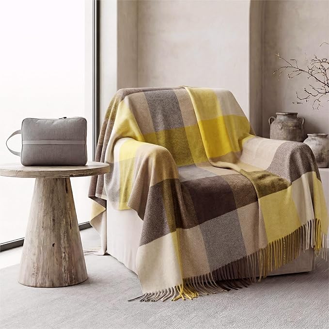 Soft Pure Wool Throw Blanket, Lightweight Warmth, 55"x83", Plaid, Fringe, Compact with Bag, Useful Gift for Women Men, All Season Decorative Cozy Travel Blanket for Couch Bed, Outdoors