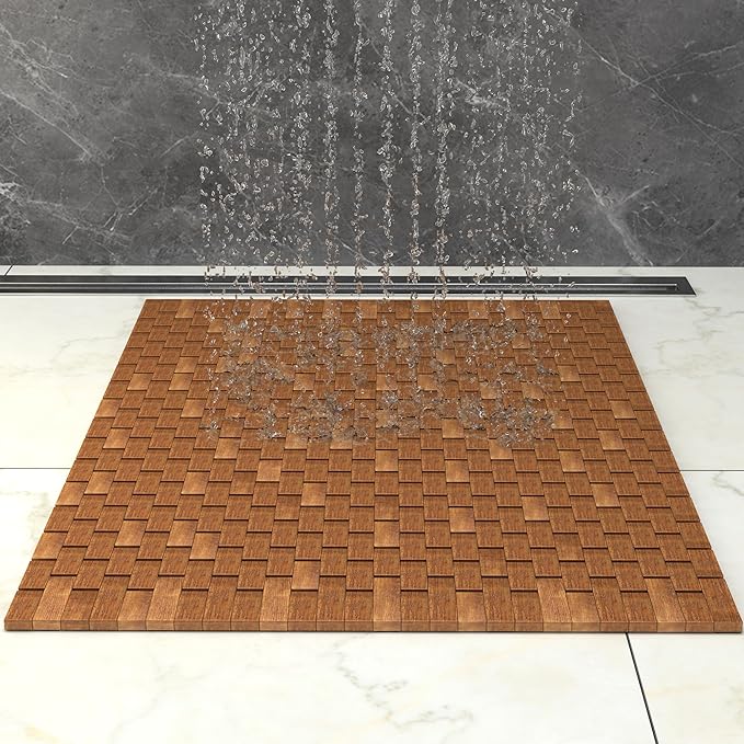Teak Wood Bath Shower Mat for SPA Sauna with Mutiple Silica Gel Feet 27.5X19.7X0.31-Inch