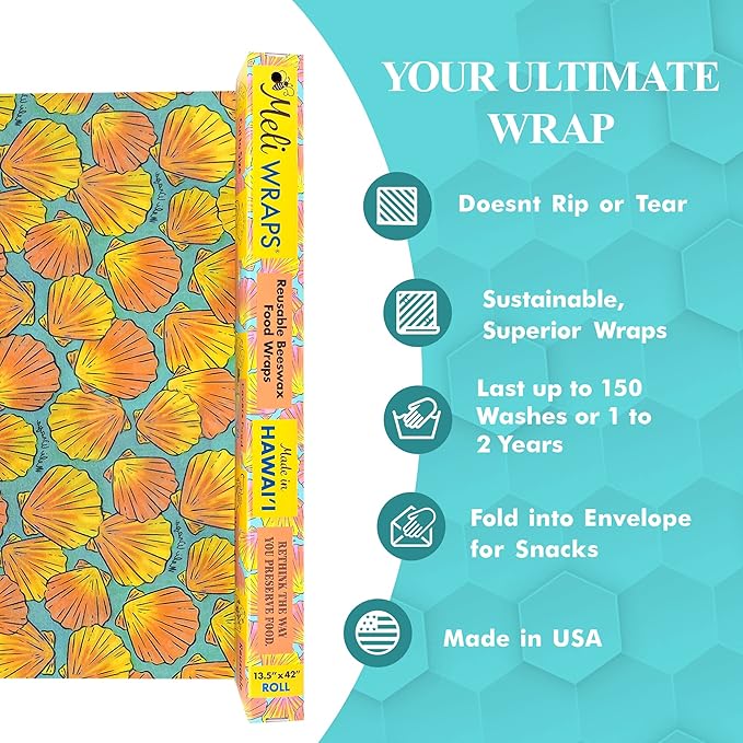 Meli Wraps - Reusable Beeswax Wrap Roll, Zero Waste Beeswax Wraps for Covering Food, Kitchen Roll for Food Storage, 13.5 x 42, Shells