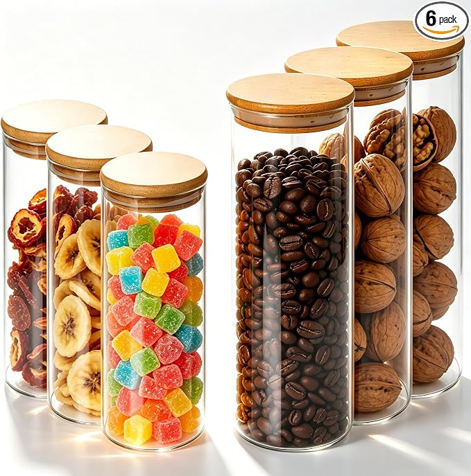 6Pack Glass Food Storage Containers with lids (1.5QT/0.8QT) | Glass Containers with Bamboo Lids for Overnight Oats, Coffee, Spices, Candies, Flour