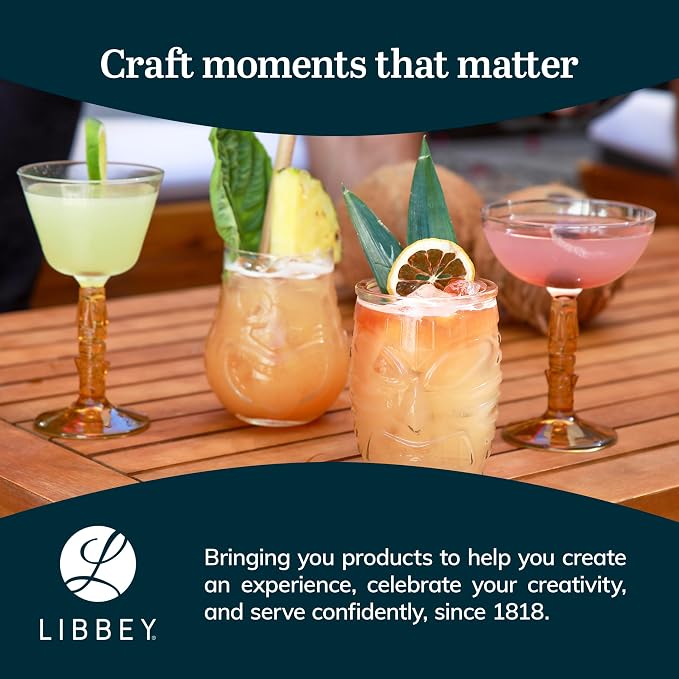 Libbey Tiki Rocks Glass Cups Set, Vintage Drink Ware Set of 4, Exotic, Dishwasher Safe Old Fashioned Glass Set for Backyard Luau or Pool Party