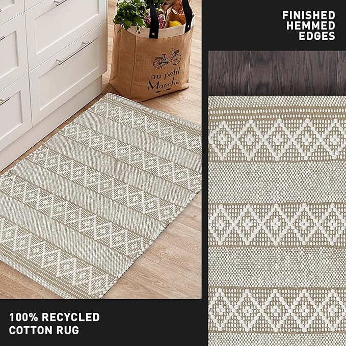 Chardin home Beige & White Boho Throw Rug 2x3 feet |Hand Woven Farmhouse Rug | Great in Kitchens entryways doormats Bathrooms Meditation Mat | Machine Washable & Reversible Cotton Rugs
