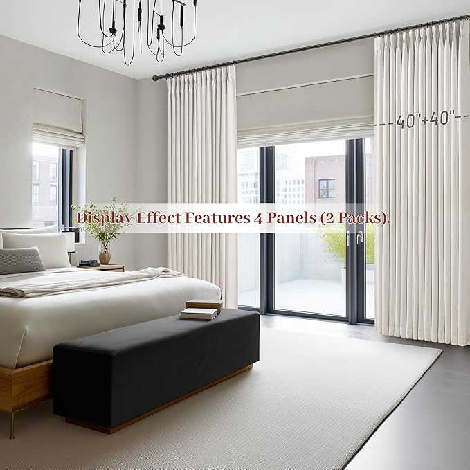 Pinch Pleated Black Out Curtains 84 Inch Long for Living Room, Beige White Thick Linen Memory Trained Boho Bedroom Darkening Curtain 84 Inch Length 2 Panel Set Double Layer Thermal Viral Window Drapes