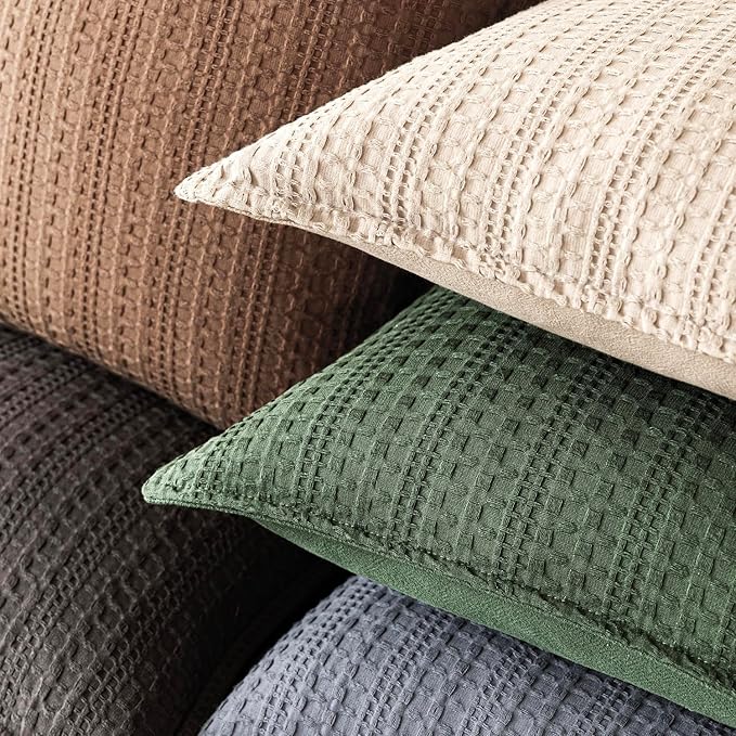 Foindtower Set of 2 Decorative Cotton Waffle Weave Lumbar Throw Pillow Covers Euro Shams Cushion Covers Accent European Pillowcase for Bed Couch Bedroom Living Room Home Decor 12×20 Inch Dark Green