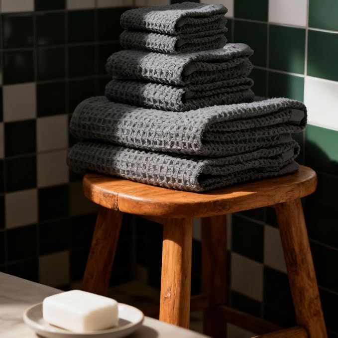 Italic Sedona Luxe Waffle Towel Set, 410 GSM 6-Piece 100% Cotton Set with 2 Bath Sheets, 2 Hand Towels & 2 Washcloths, Spa-Quality (Charcoal)