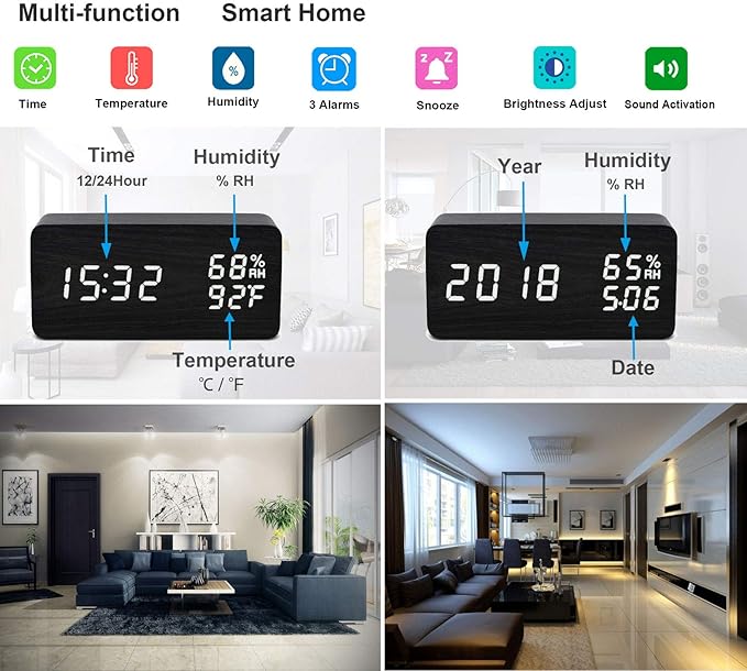 Wooden Digital Alarm Clock Modern Wood Snooze Clock Electronic Desk Clock LED Display Time Temperature Humidity Voice Control 3 Alarms 3 Brightness for Home Kids Bedroom Office Raercodia (Black,White)