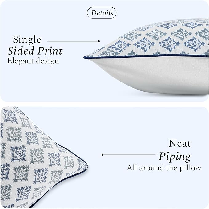 CPC Botanical Trellis Blue Block Print Throw Cushion Cover 18 x 18 Inch Set 2 - Decorative Boho Floral Pillow Case for Living Room, Bed, Sofa, Couch, Home Decor Cushion for Spring, Mother's Day