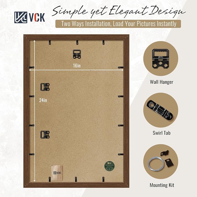 VCK 16x24 Picture Frames Brown 3 Pack, Wide Border Wood, Display 12x18 Photo with Mat or 16 x 24 without, for Home, Office, Gallery, Woodgrain Series, Wall Hanging