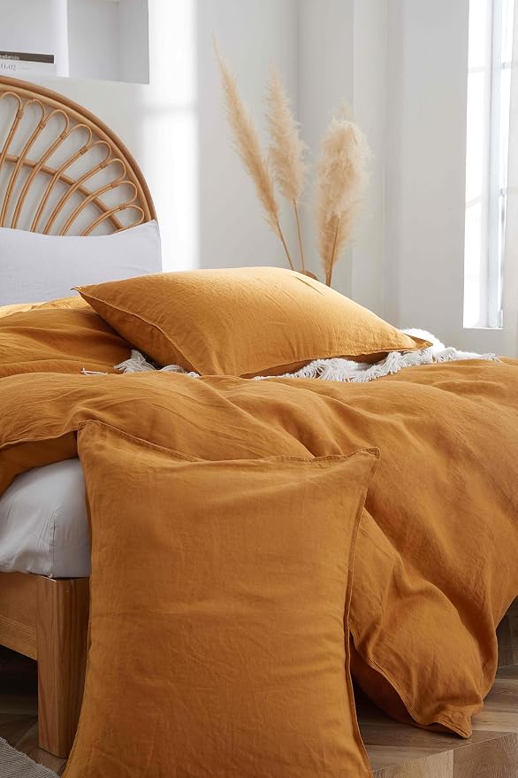 100% French Flax Linen Duvet Cover Set, Queen Size 90''x90'' 3 Pcs with 8 Corner Ties and Button Closure, Soft and Breathable for All Season(Rust, Queen)