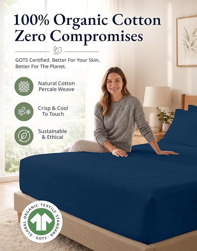 LANE LINEN Twin XL Fitted Sheet, 100% Organic Cotton 2-Piece Set (1 Fitted Sheet, 1 Pillowcase), Percale Weave, Bottom Sheet, Soft, Breathable, Fits Mattress Upto 15" Deep - Navy (No Flat Sheet)