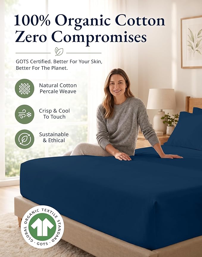 LANE LINEN 100% Organic Cotton Fitted Sheet Full Size Set (No Flat Sheet) - Soft & Breathable Percale Weave Fitted Sheet Set - 15'' Deep Pocket For Snug Fit To Mattress - GOTS Certified - Navy