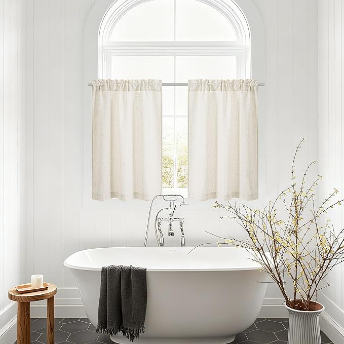 Natural Linen Cafe Curtains 30 Inch Length Semi Sheer Light Filtering Privacy Small Curtain for Kitchen Bathroom Basement Window Rod Pocket Boho Cream Short Curtains 30 Inches Long W34xL30