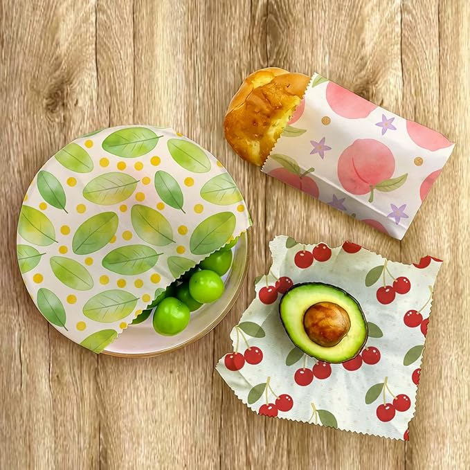 Reusable Beeswax Wraps, 9 Pack Eco-Friendly Food Storage, Organic, Sustainable, Zero Waste, Plastic-Free, For Sandwiches, Bread & Bowls, 1XL, 3M, 5S, Peach Cherry Leaves Patterns