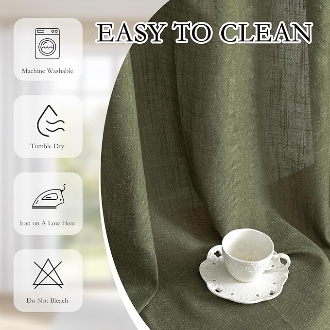 MYSKY HOME Curtains for Living Room 84 Inches Long Semi Sheer Light Filtering Privacy Drapes Linen Look Textured Boho Home Decor, Backdrop Curtain for Parties, 50" x 84", Olive Green, 2 Panels